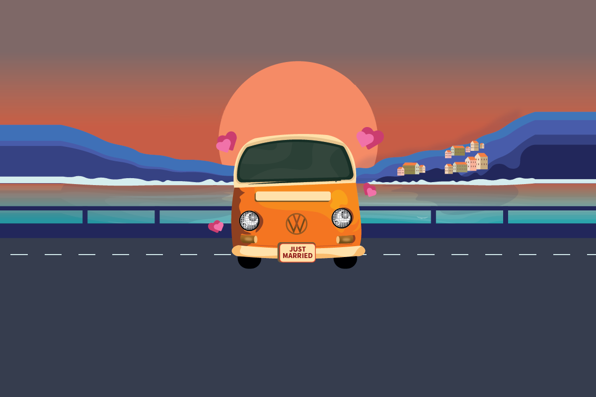 cartoon vw campervan on road